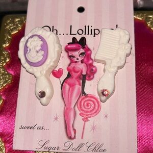 White purple vanity comb mirror earrings oh lollipop stud pinup dollbaby crystal